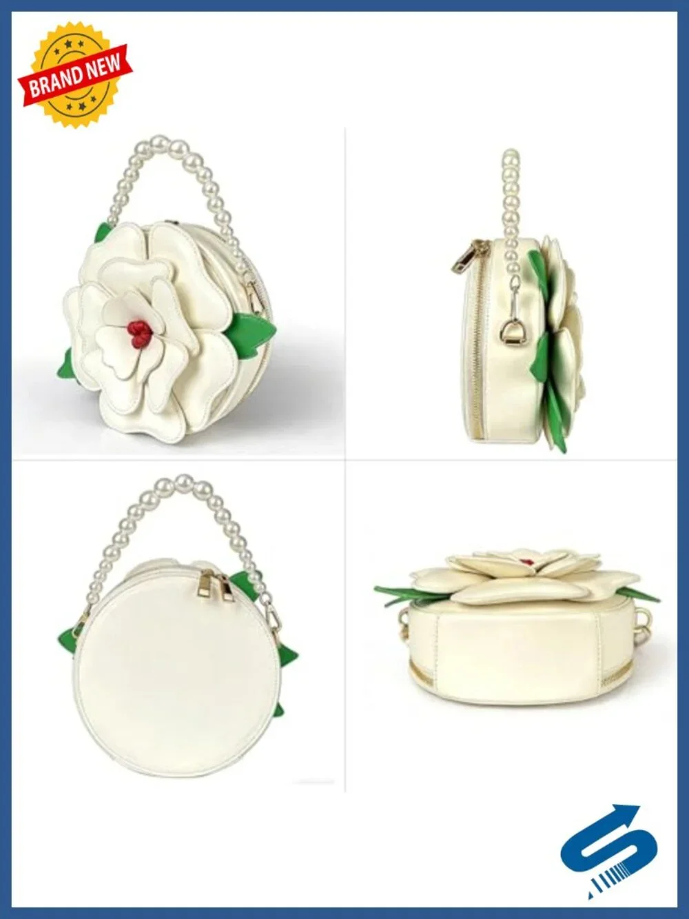 PU Leather Floral Crossbody Purse with Pearl Chain, Whimsical Novelty Handbag